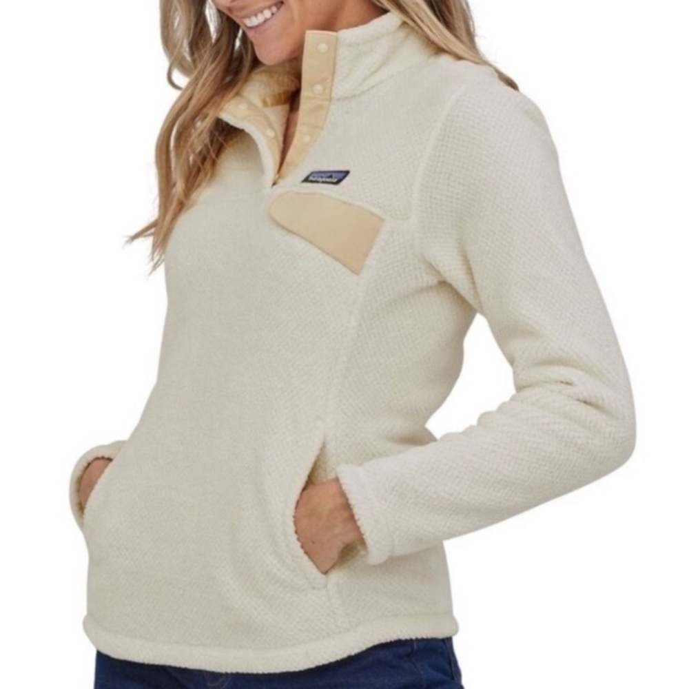 Patagonia Re-Tooled White and Tan Textured Fleece Quarter T Snap Pullover